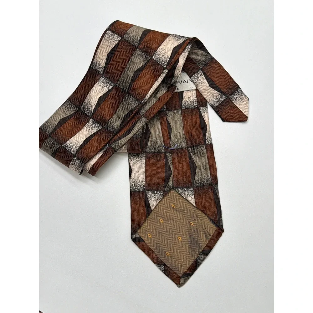Pierre Balmain Couture Mens Silk Necktie‎ Brown Tan Grey Geometric Hand Made